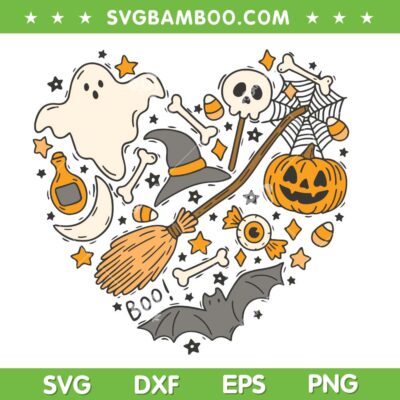 Boo Halloween SVG PNG, Witch Hat Ghost Pumpkin Heart SVG, Cute Spooky Doodle Clipart SVG