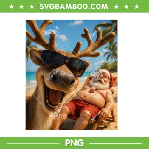Reindeer Beach Selfie Christmas in July PNG, Funny Reindeer Selfie with Santa PNG
