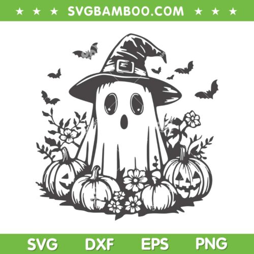 Halloween Ghost Witch Hat SVG, Boo Ghost Pumpkin Floral SVG PNG