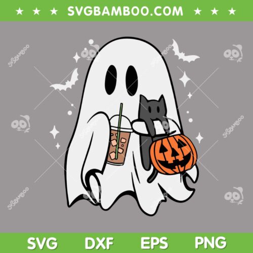 Spooky Ghost Holding Black Cat SVG, Halloween Ghost Ice Coffee SVG PNG