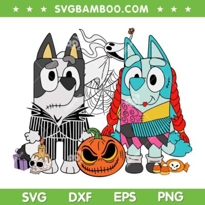 Bluey Jack Skellington and Sally SVG PNG, Halloween Booey Cartoon Spooky SVG, The Nightmare Before Christmas Pumpkin