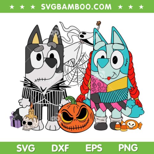 Bluey Jack Skellington and Sally SVG PNG, Halloween Booey Cartoon Spooky SVG, The Nightmare Before Christmas Pumpkin