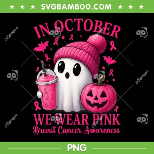 Cute Ghost in October We Wear Pink PNG, Pink Ghost Breast Cancer Halloween PNG