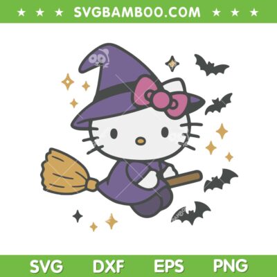 Hello Kitty Halloween Witch SVG, Cute Sanrio Kitty Flying Broom SVG PNG