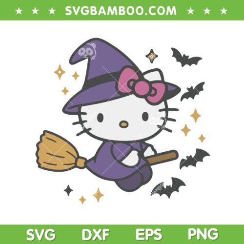 Hello Kitty Halloween Witch SVG, Cute Sanrio Kitty Flying Broom SVG PNG