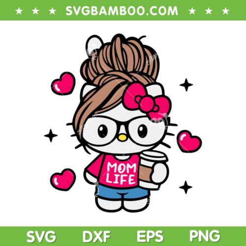 Hello Kitty Mom Life SVG PNG, Cute Kitty Cat Mom SVG, Momlife Coffee DXF SVG PNG EPS