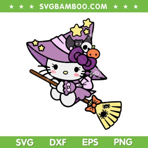 Hello Kitty Halloween Witch SVG, Kawaii Kitty Flying with Broom SVG PNG