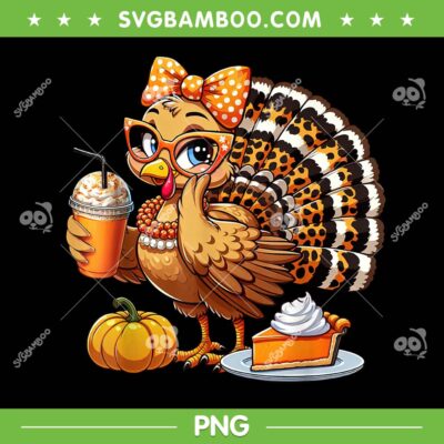 Turkey Girl Drinking Coffee Thanksgiving PNG, Cute Turkey Leopard PNG, Womens Turkey Day 2025