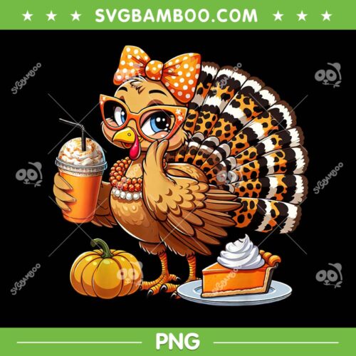 Turkey Girl Drinking Coffee Thanksgiving PNG, Cute Turkey Leopard PNG, Womens Turkey Day 2025