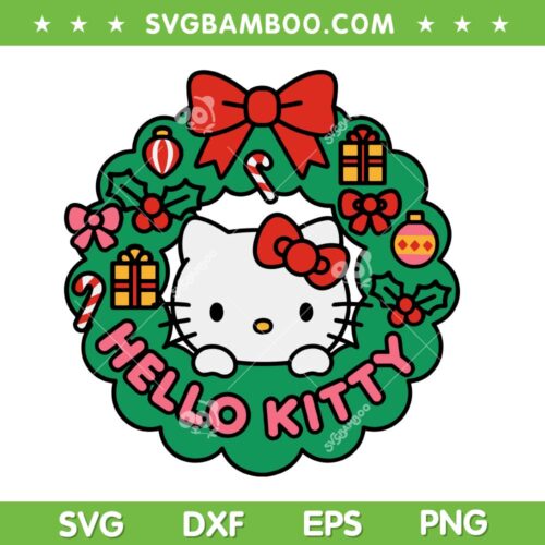 Hello Kitty Christmas Wreath SVG, Kawaii Kitty Xmas Gift SVG PNG