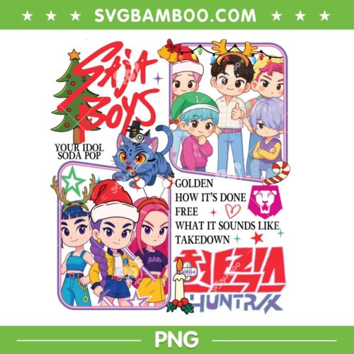 Huntrix Saja Boys Merry Xmas PNG, Kpop Demon Hunters Chibi Christmas PNG
