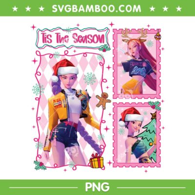 Huntrix Tis the Season PNG, Kpop Demon Hunters Merry Christmas PNG, Rumi Mira Zoey Santa Hat