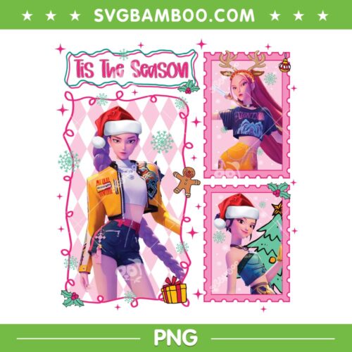 Huntrix Tis the Season PNG, Kpop Demon Hunters Merry Christmas PNG, Rumi Mira Zoey Santa Hat