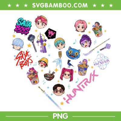 Kpop Demon Hunters Characters Heart PNG, Huntrix Saja Boys Chibi icons PNG