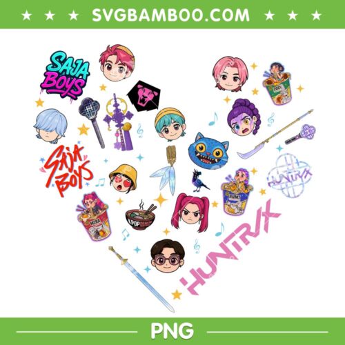 Kpop Demon Hunters Characters Heart PNG, Huntrix Saja Boys Chibi icons PNG