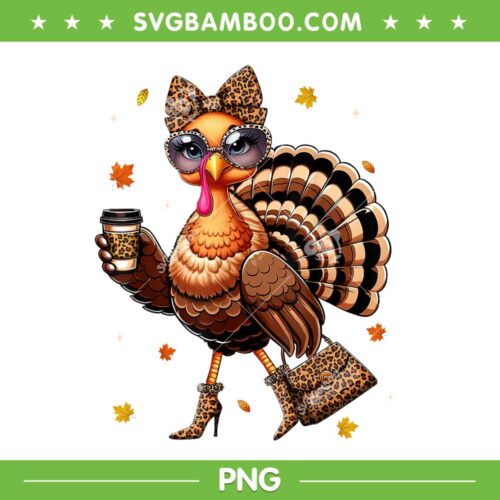 Leopard Turkey Drinking Coffee PNG, Women Turkey Thanksgiving PNG