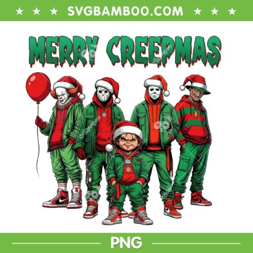 Merry Creepmas PNG, Horror Movie Characters Merry Christmas PNG, Jason Myers Freddy IT Chucky Santa Hat PNG