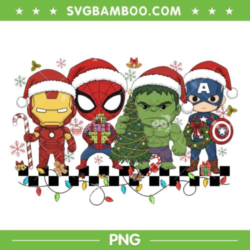 Chibi Avengers Merry Christmas PNG, iron Man Spiderman Hulk Chibi Xmas PNG