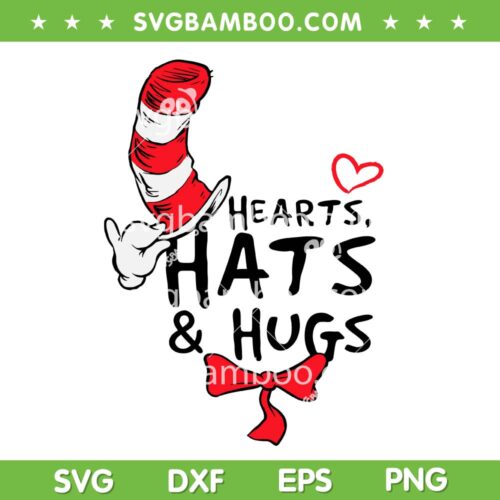 Dr Seuss Hearts Hats Hugs SVG PNG, Cat in The Hat Hearts SVG