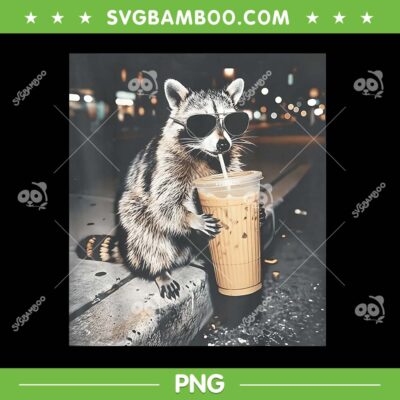 Raccoon Drinking Iced Coffee PNG, Funny Raccoon Meme PNG