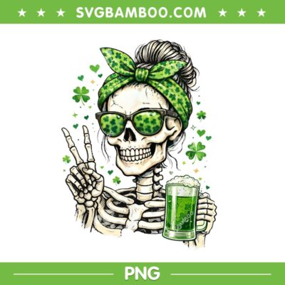 Skull Sunglass Messy Bun Irish PNG, Messy Bun St Patrick's Day PNG