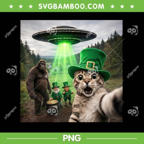 Cat Selfie with Leprechaun Bigfoot UFO PNG, Funny Cat St Patricks Day PNG
