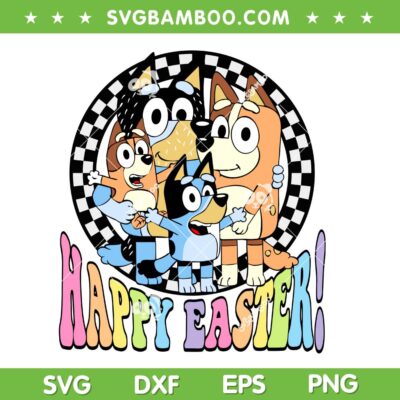 Bluey Family Happy Easter SVG, Easter Blue Dog Retro Checkered SVG PNG