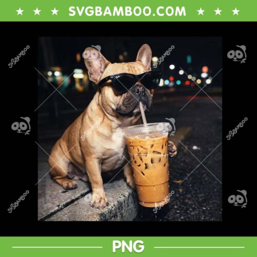 French Bulldog Drinking iced Coffee PNG, Cool Bulldog Sunglasses Coffee PNG