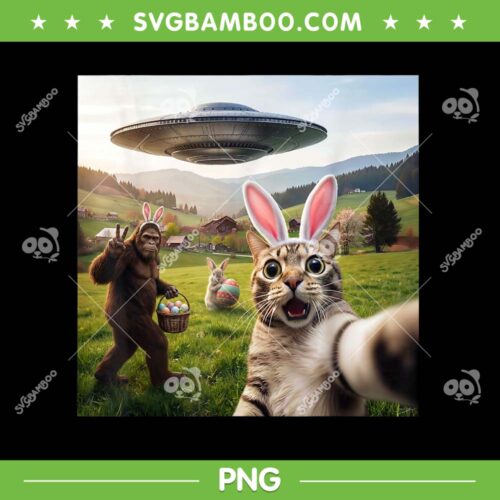 Cat Selfie with Easter Bunny PNG, Cat Bigfoot UFO Easter Day PNG