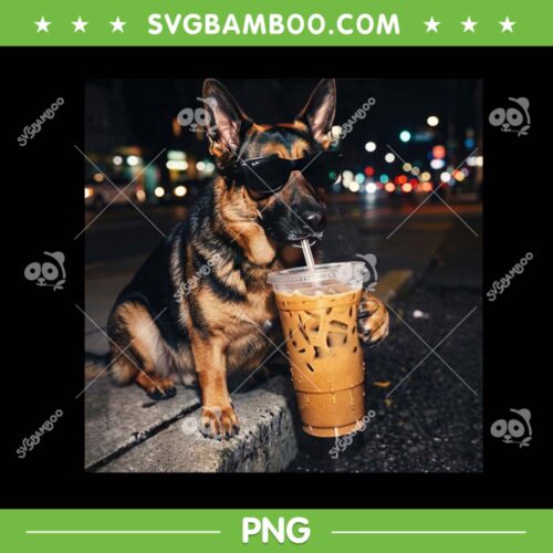German Shepherd Drinking Coffee PNG, Cool German Shepherd Sunglasses Art PNG