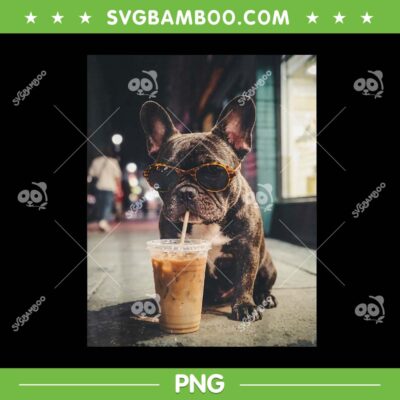French Bulldog Drinking Iced Coffee PNG, Funny Bulldog Sunglasses PNG