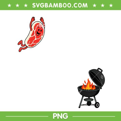 Flying Steak BBQ Grilling PNG, Steak Dive Cartoon Humor Art PNG