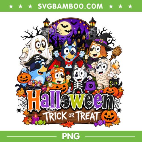 Bluey Halloween Trick or Treat PNG, Bluey Dog Family Spooky Halloween PNG