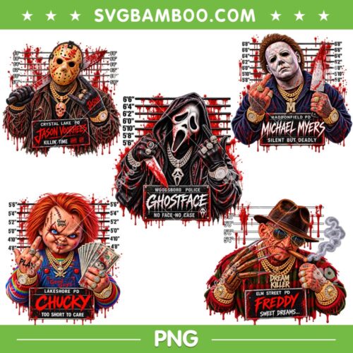 Halloween Horror Movie Mugshot PNG Bundle, Michael Myers Chucky Freddy Ghostface Jason Voorhees PNG