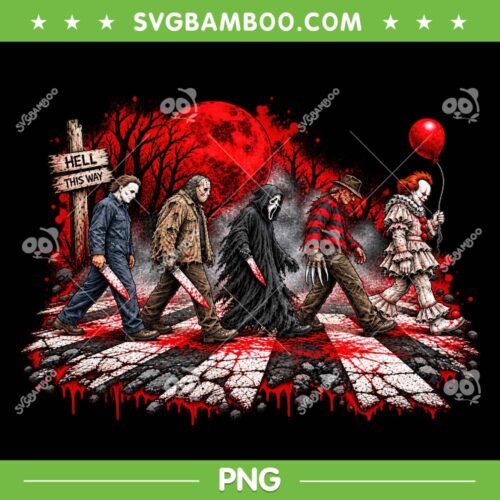 Horror Characters Abbey Road PNG, Myers Jason Ghostface Freddy Pennywise Hell This Way PNG