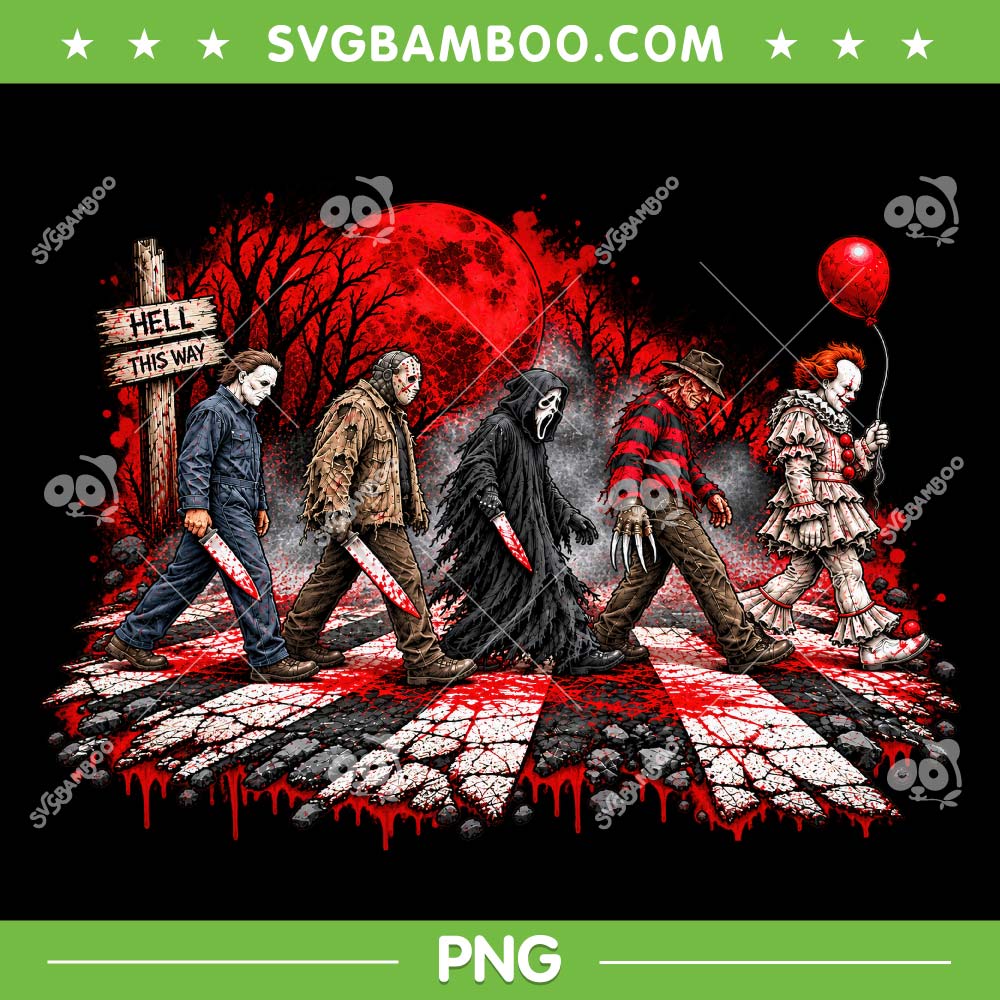 Horror Characters Abbey Road PNG, Myers Jason Ghostface Freddy Pennywise Hell This Way PNG Horror Characters Abbey Road PNG, Myers Jason Ghostface Freddy Pennywise Hell This Way PNG