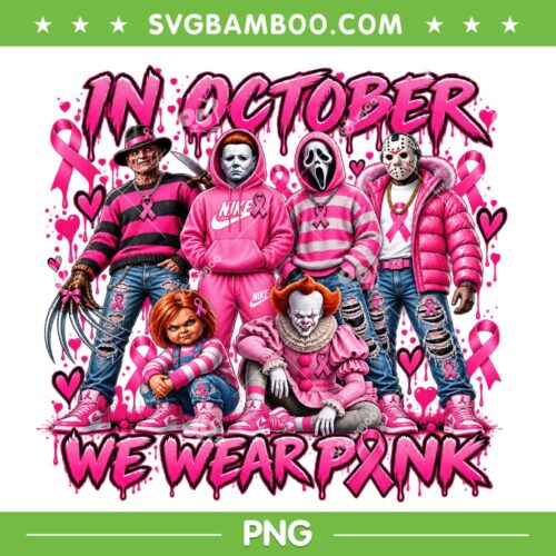 Horror Characters In October We Wear Pink PNG, Breast Cancer Halloween Characters PNG