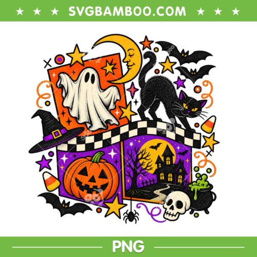 Vintage Halloween Black Cat Graphic PNG, Retro Groovy Halloween Ghost Pumpkin PNG