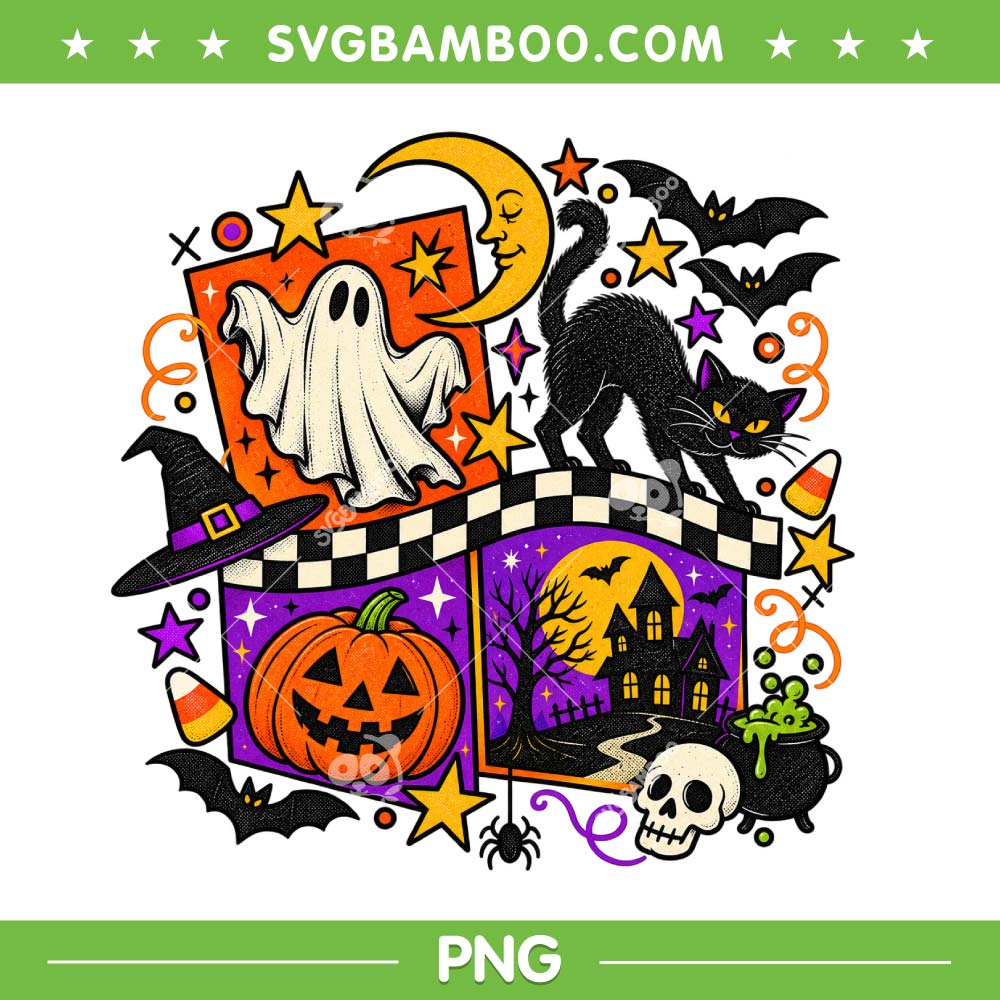 Vintage Halloween Black Cat Graphic PNG, Retro Groovy Halloween Ghost Pumpkin PNG